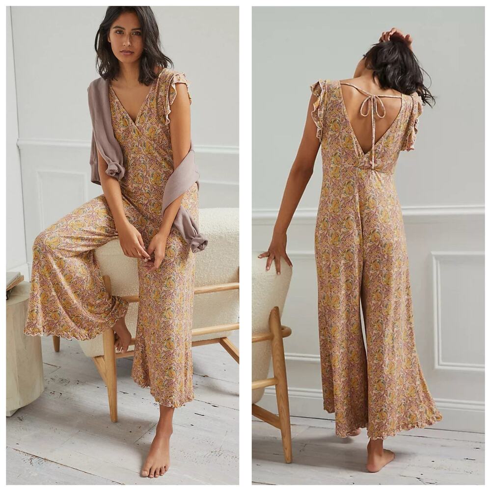 Anthropologie Matilda Ruffled Jumpsuit Size Medium Floral Jersey Bohemian